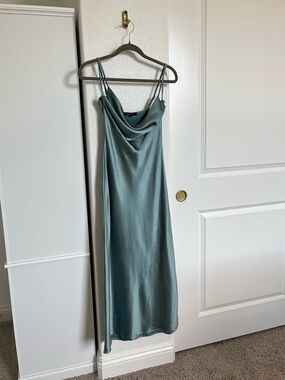 Vestis M Green Blue Spaghetti Strap Maxi Dress High Slit Ruffle Dress Small